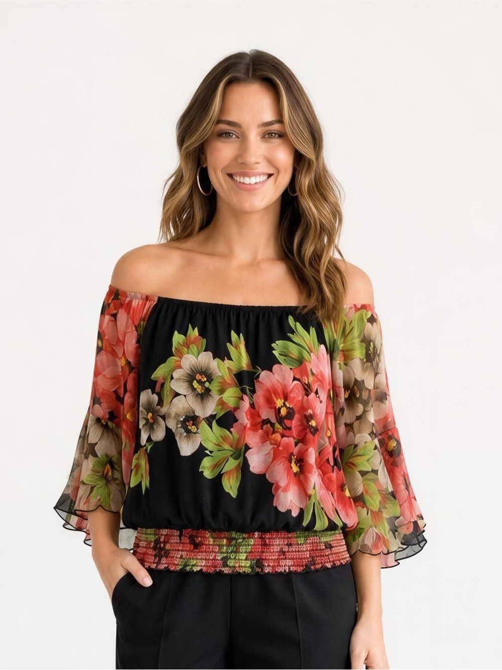 Frank Lyman Design Black Blouse with Pink & Cream Floral Print